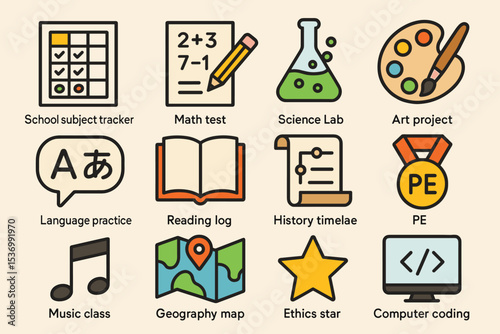 Educational icons set with school subjects and activities