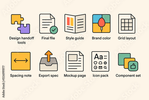 Design tools and processes icons for handoff, guides, and layouts