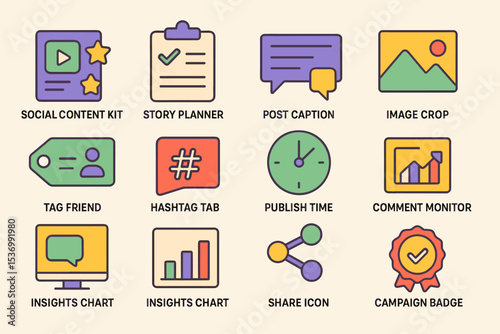 Social media management icons: planning, sharing, and analytics tools