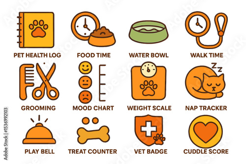 Pet care icons including food time, grooming, weight scale, and nap tracker