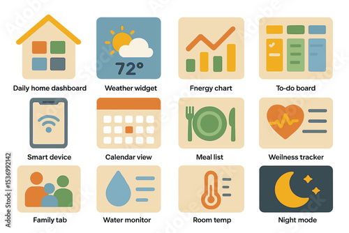 Home management interface: daily dashboard with widgets, weather, energy, and wellness tracking