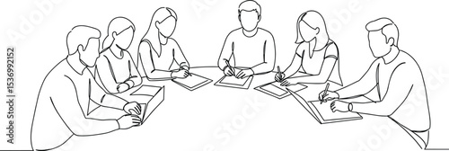 Business team meeting sketch, office collaboration drawing, corporate discussion line art, brainstorming session illustration, group of people working, 