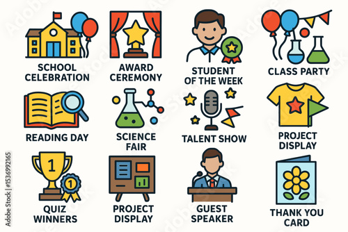School celebration icons: awards, activities, and events for students and teachers