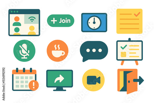 Colorful digital communication and collaboration icons for online meetings