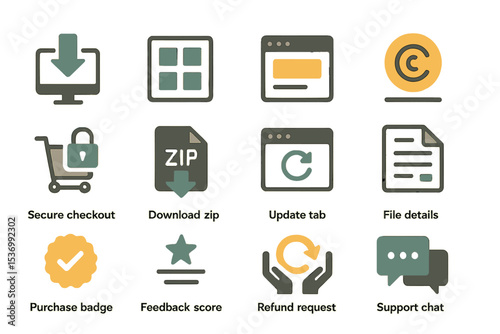 E-commerce and file management icons set with cart and secure symbols
