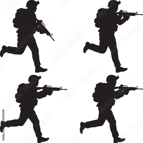 Military Army Soldier Running with Rifle Silhouettes