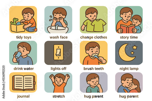 Bedtime routine for young caucasian child with illustrations of nightly activities