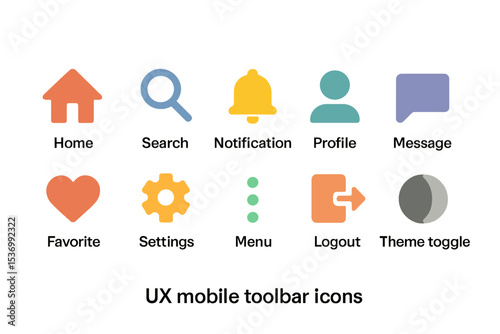 Colorful ux mobile toolbar icons including home, search, and profile