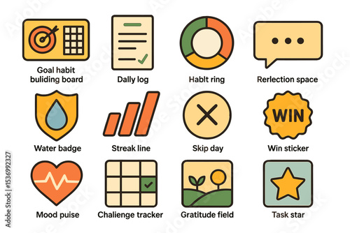 Colorful habit tracker icons for goal achievement and daily motivation