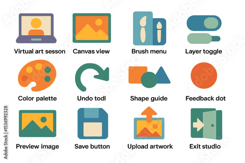Digital art interface icons: brush, canvas, layers, color, tools, feedback, save, upload