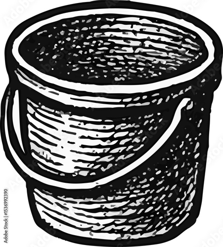 A classic, hand-drawn black and white illustration of a metal or galvanized bucket with a handle, perfect for depicting household, gardening, or outdoor themes