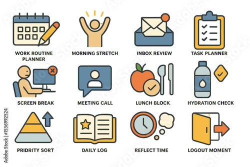Daily work routine icons: planning, breaks, and productivity management