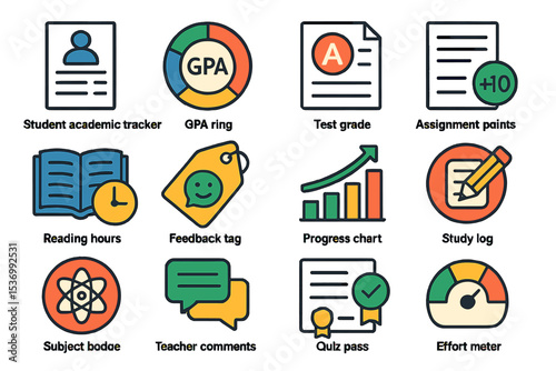 Academic dashboard icons: gpa, grades, assignments, study tools, feedback