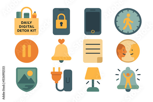 Digital detox icons collection: lock, clock, notification, walk, break reminder