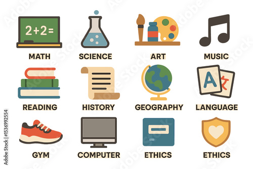 Colorful icons representing core school subjects for education