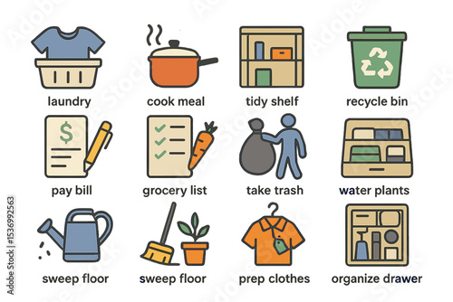 Icons representing household chores: laundry, cooking, recycling, and more tasks