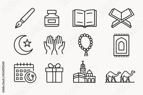 Islamic symbols: prayer, mosque, crescent, quran, gift, calendar icons