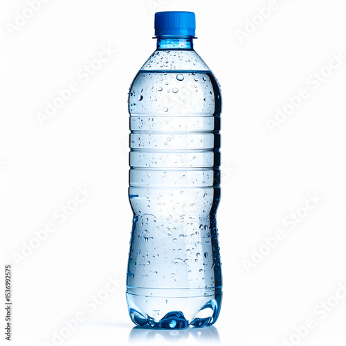 una botella de agua pura mineral de plastico reciclable fresca con gotitas, perfecta para hidratarse y calmar la sed del calor de verano, aislada sobre fondo blanco