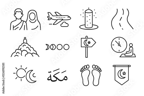 Islamic symbols and travel: pilgrimage, prayer, and moon phases illustrated
