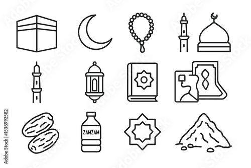 Islamic symbols and items: kaaba, crescent moon, mosque, quran, prayer beads, zamzam water, dates