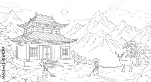 Serene Asian Temple Illustration  Mountain Landscape, Monks, and Deer