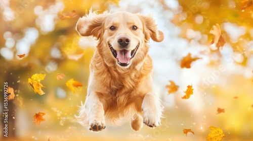 A joyful golden retriever leaps through falling autumn leaves in a vibrant, sunlit outdoor setting.
