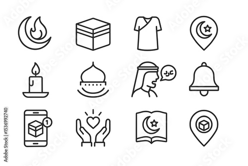 Islamic symbols collection: crescent, kaaba, prayer, arabic culture icons