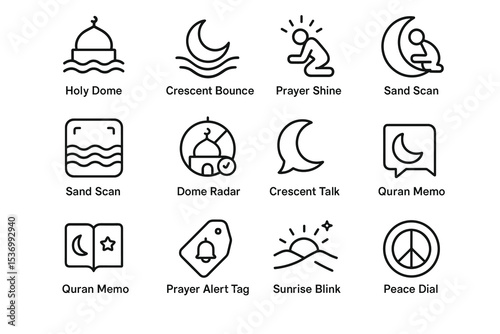 Minimalist islamic icon set featuring prayer, quran, and peace symbols