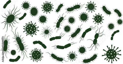 Set of green bacteria and virus illustrations, isolated microbes and pathogens for medical, scientific, healthcare, biology designs on white background.

 flat vector illustration