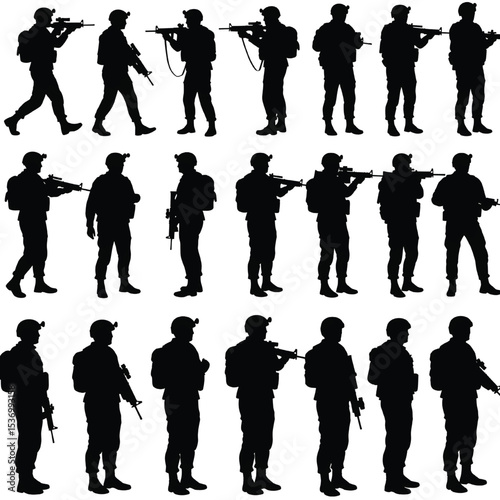 Military Army Soldier Silhouette Set with Firearms