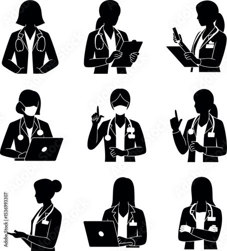 Female doctor icon silhouette on white background  