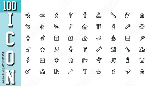 Collection of One Hundred Black and White Construction and Miscellaneous Line Icons