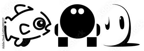 Vector Playful cartoon characters a ghost and a blob interact with whimsical expressions.