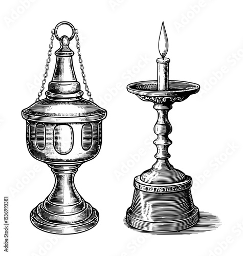 Vector Antique lantern and candlestick illuminate a vintage scene.