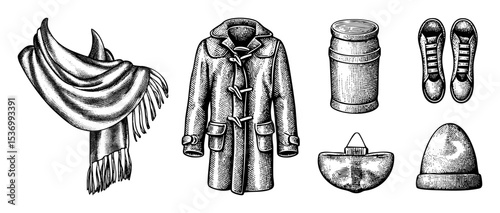 Vector Vintage winter apparel collection featuring a coat scarf and accessories.