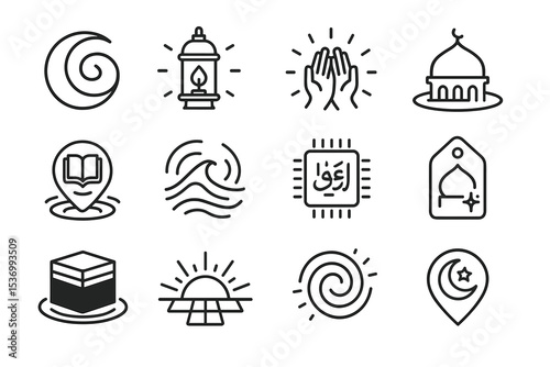 Islamic symbols collection: mosque, quran, prayer, lantern, hajj icons