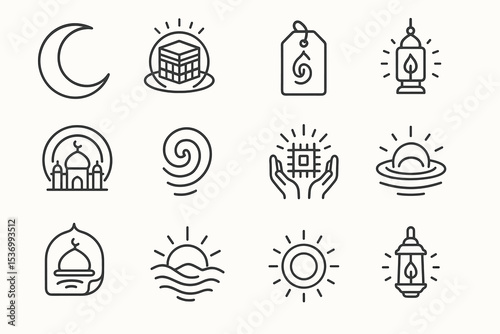 Islamic symbols: crescent, mosque, lantern, pilgrimage icons, festive design elements