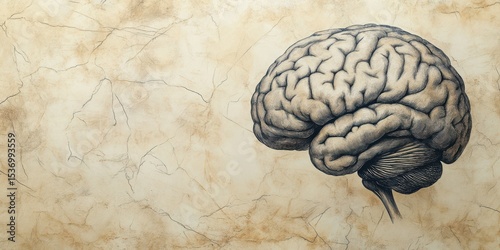 Intricate illustration of a human brain with detailed textures on an aged background