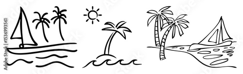 Vector Tropical scene with sailboats palm trees and a radiant sun .