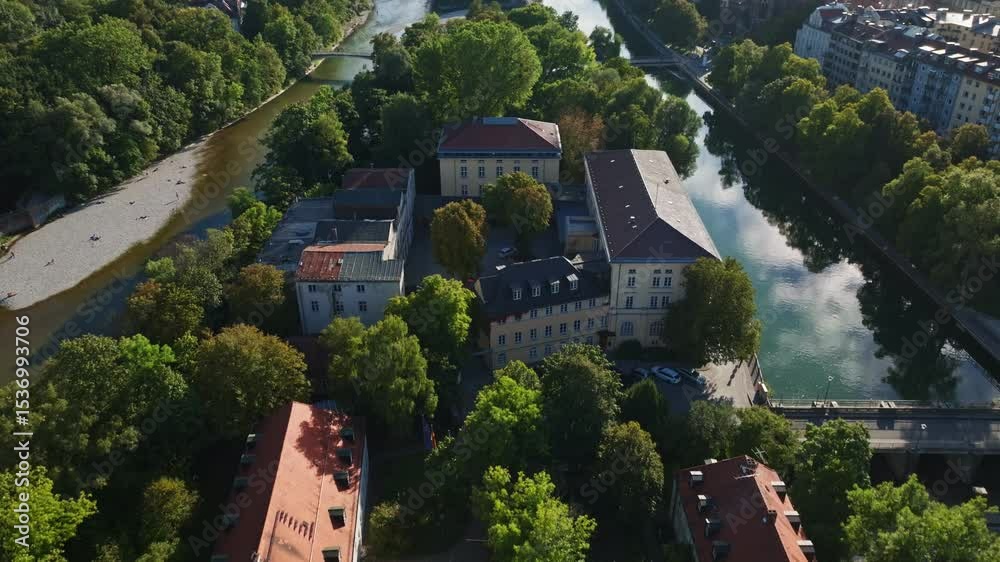 Aerial view of Praterinsel, a unique event space located in Munich, Germany