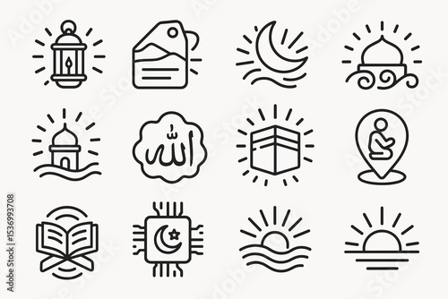Islamic symbols collection: lantern, mosque, crescent, quran, kaaba, prayer, sunset icons