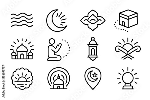Islamic symbols collection featuring crescent, mosque, lantern, prayer, and kaaba icons