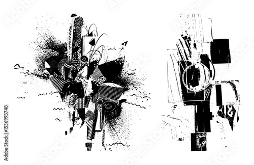Vector Abstract geometric shapes and fragmented robotic elements create a dynamic composition.