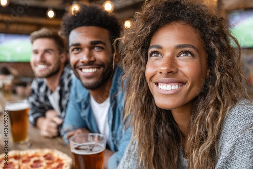 Smiling Friends Enjoying Pizza and Beer While Watching Sports