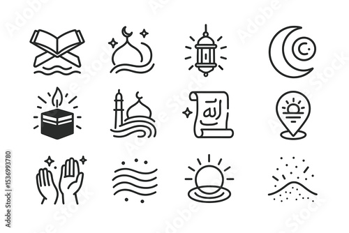 Set of islamic symbols: quran, mosque, lantern, crescent moon, kaaba, hands, sand dunes