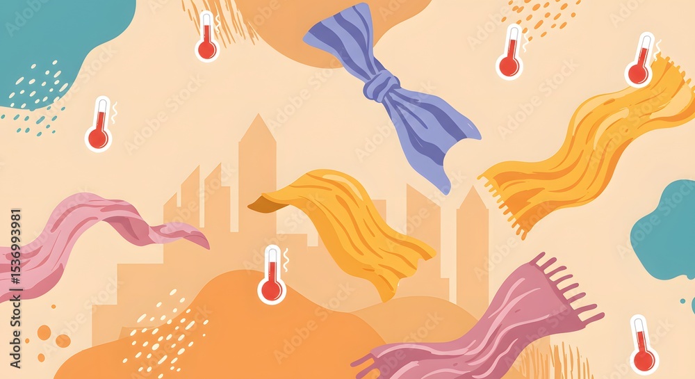 Fototapeta premium Urban Temperature Variations Illustrated with Fabric Waves and Thermometers