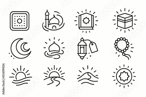 Islamic symbols line art: mosque, prayer beads, lantern, crescent moon, kaaba