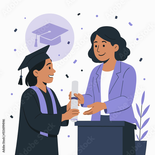 Flat Style Family Graduation Celebration vector Illustration – Proud Graduate Holding Diploma with Parents Congratulating