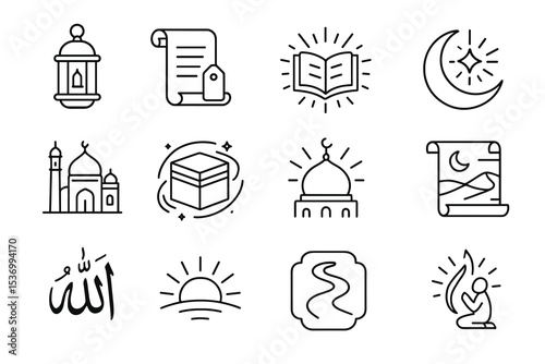 Islamic icon set: lantern, mosque, quran, crescent moon, prayer symbols in black and white