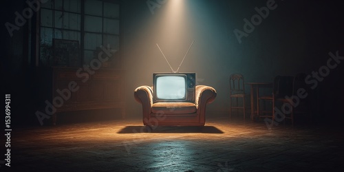 Retro TV Spotlight: A vintage television sits perched atop an armchair, illuminated by a single, bright spotlight in a dimly lit room. Nostalgic vibe.